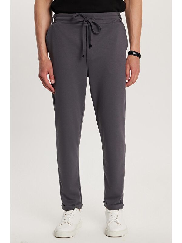 TUDORS Erkek Slim Fit Pamuklu Beli Bağlamalı Yan Cepli Katlamalı Paça Jogger Antrasit Pantolon
