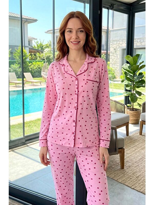 Remsa Kadın Pauntiye Desen Yumuşak Milan Kumaş Pijama Takımı 250347-14 Pembe07