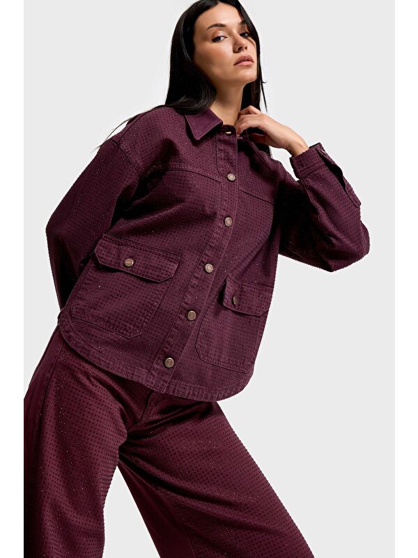 It's Basic Kadın Bordo Renk T-6w5-122 Oversize Parlak Taşlı Özel Tasarım Denim Ceket