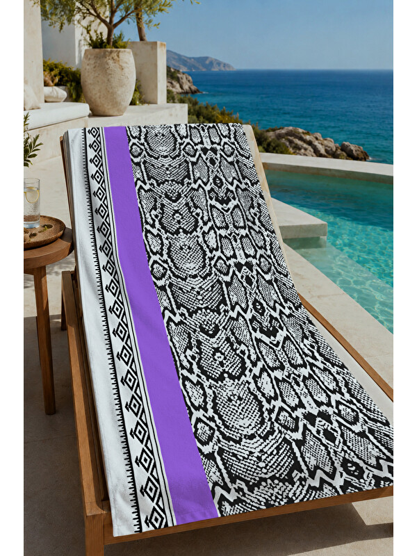 Milbay Grup Mor Şeritli Siyah Beyaz Etnik Desenli 70x150 cm Dijital Baskılı Plaj ve Banyo Havlusu