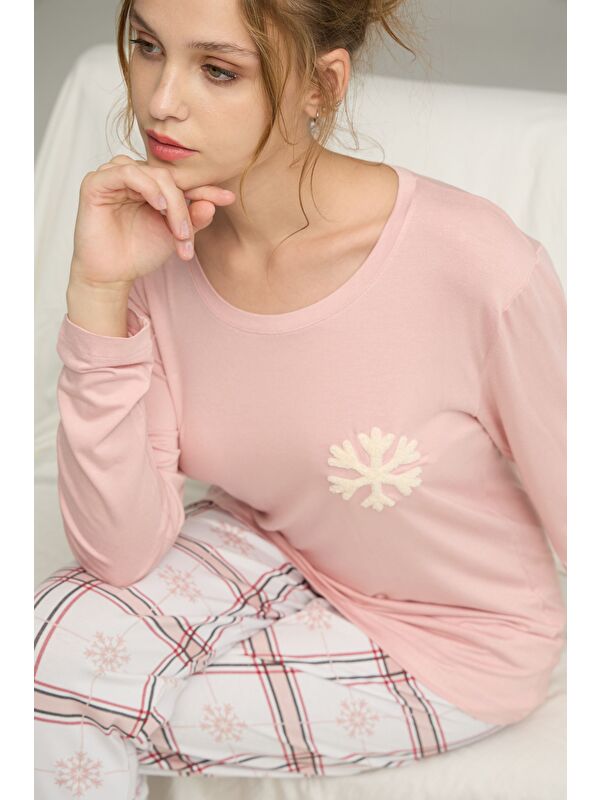 Siyah İnci Pudra Ekose Desenli Örme Pamuklu Pijama Takım25240274