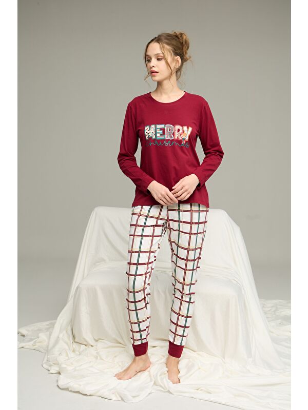 Siyah İnci Bordo Ekose Desenli Örme Pamuklu Pijama Takım25240275