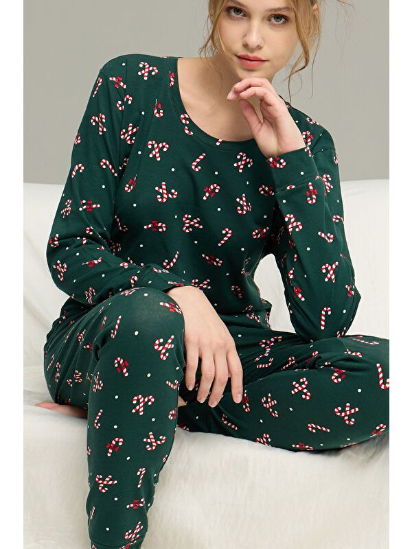 Siyah İnci Yeşil Şeker Desenli Örme Pamuklu Pijama Takım25240277