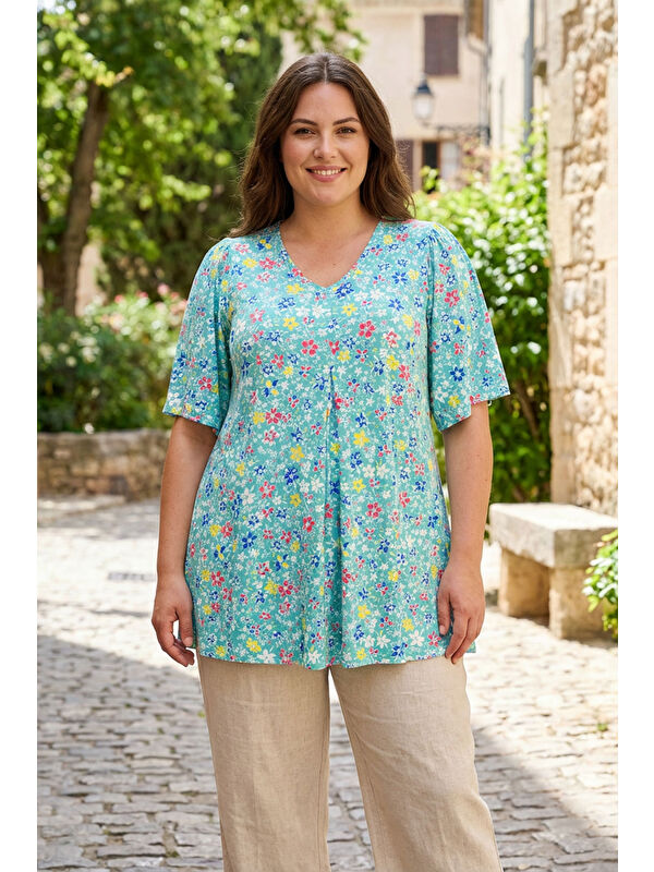 Stil Diva Büyük Beden V Yaka Kısa Kollu Çiçek Desenli Uzun T-shirt T168