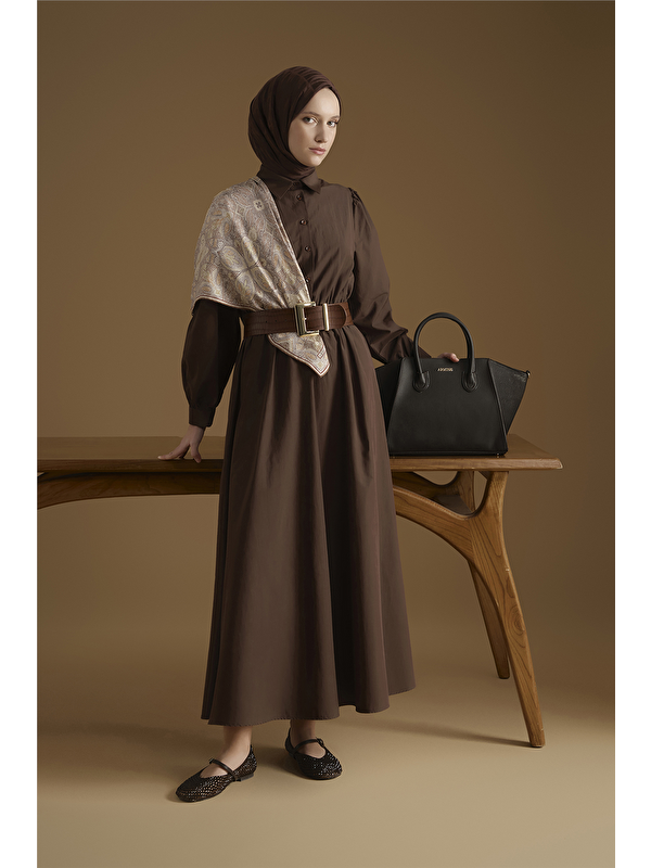 ARMİNE Beli Lastikli Poplin Elbise Kahverengi