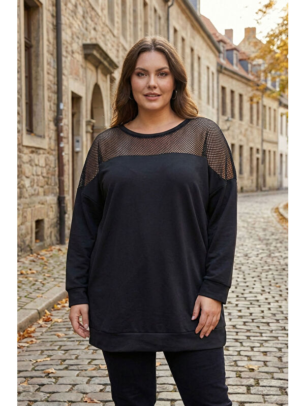 Stil Diva Büyük Beden Bisiklet Yaka Uzun Kollu Omzu File Detaylı Sweatshirt E11103
