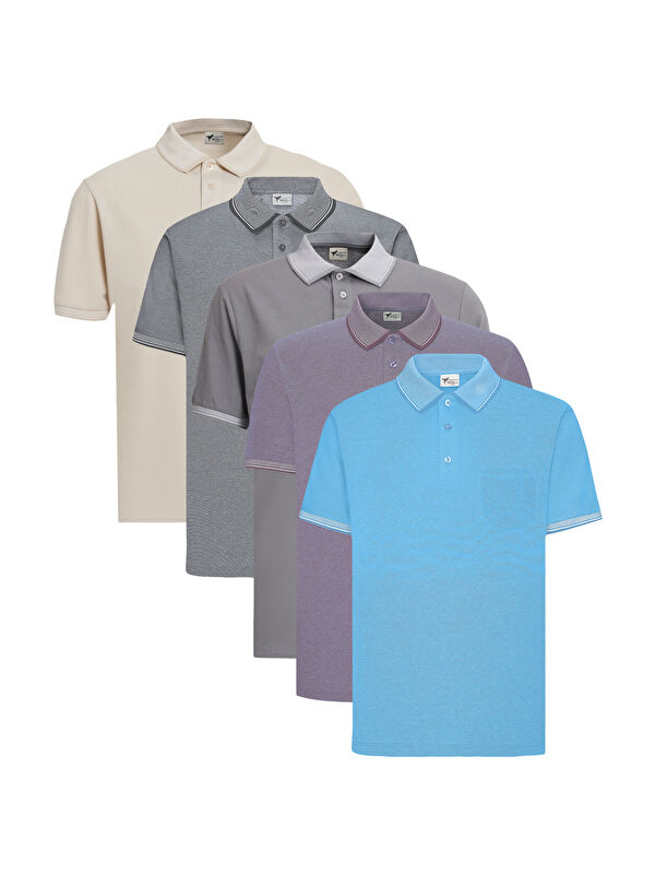 AC&Co / Altınyıldız Classics Erkek SIYAH-GRI-MAVI-ACIK BEJ-MOR 5'li Paket Pamuklu Kumaş Slim Fit Polo Yaka Tişört