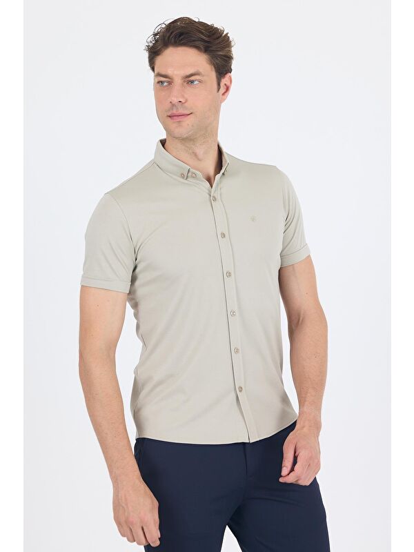 İMZA Gri İtalyan Düğmeli Yaka Kısa Kol Cepsiz Slim Fit Büyük Beden Gömlek 1004250255