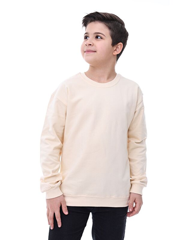 ZUZUNGA Basic Bisiklet Yaka Şardonlu Çocuk Sweatshirt 3-10 Yaş Krem