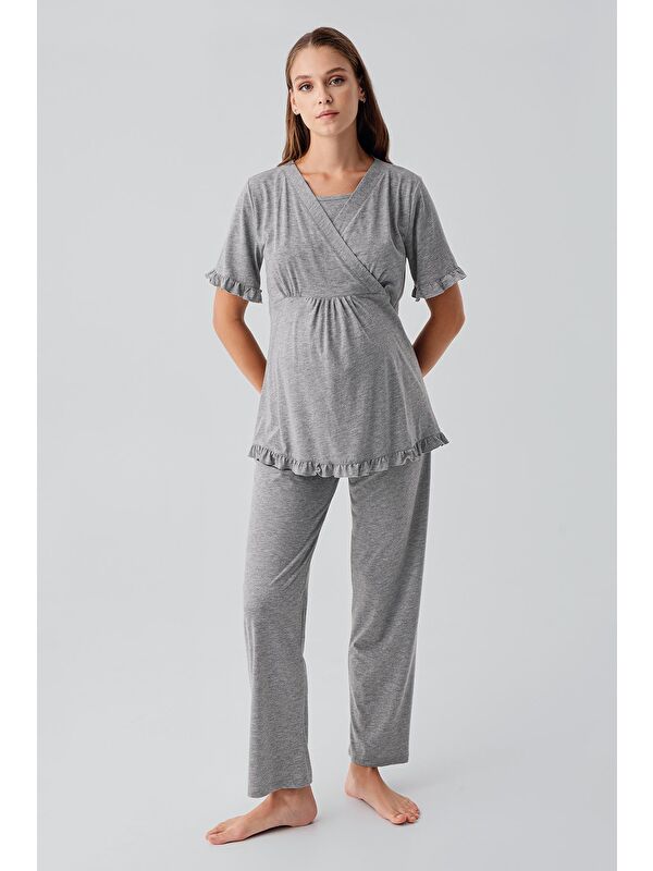Artış Kısa Kollu Emzirme Bölmeli Ayarlanabilir Bel Pamuklu Hamile Pijama Takım 19218