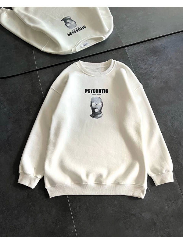 Jane's Kışlık Bisiklet Yaka Baskılı SweatShirt - Beyaz