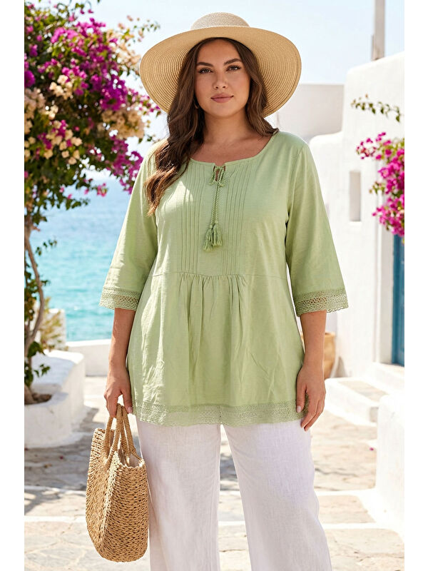 Stil Diva Büyük Beden Yakası Bağlamalı Fakir Kol Dantelli Uzun T-shirt 10904116