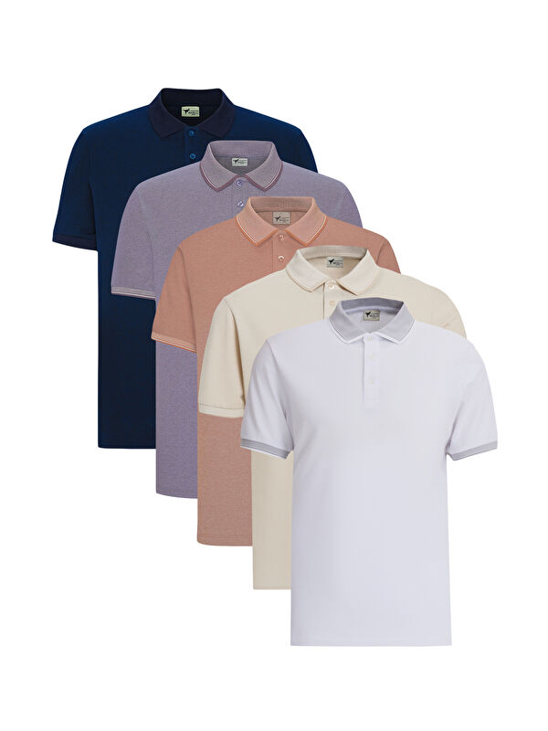 AC&Co / Altınyıldız Classics Erkek BEYAZ-LACIVERT-ACIK BEJ-KIREMIT-MOR 5'li Paket Pamuklu Kumaş Slim Fit Polo Yaka Tişört