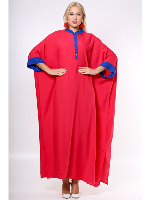 Chiccy Kırmızı Dik Yaka Yarasa Kol Düğmeli Yırtmaçlı Nakışlı Oversize Dokuma Elbise