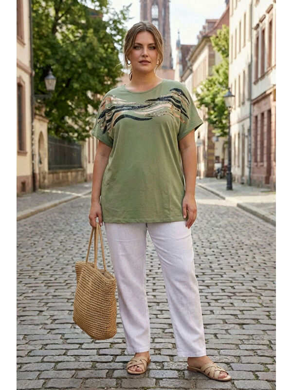 Stil Diva Büyük Beden Bisiklet Yaka Kısa Kollu Payetli Parlak Baskılı T-shirt 615556