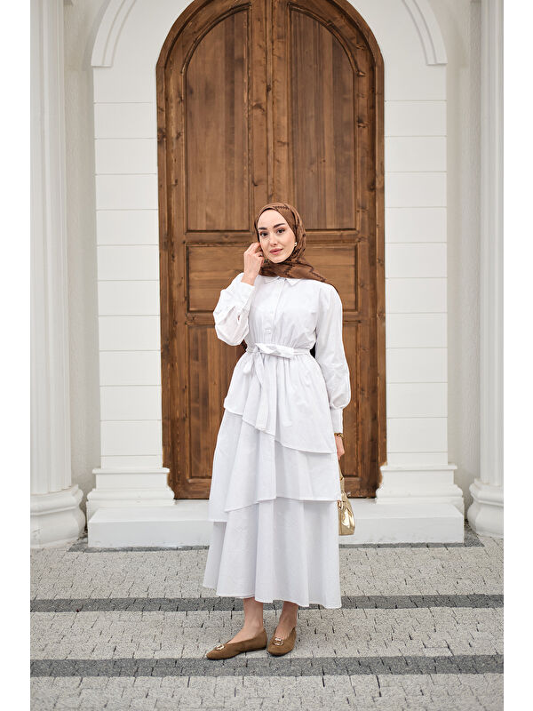 Locco Moda Kadın Eteği Volanlı Bel Bağlamalı Gömlek Yaka Yarım Düğmeli Elbise Beyaz