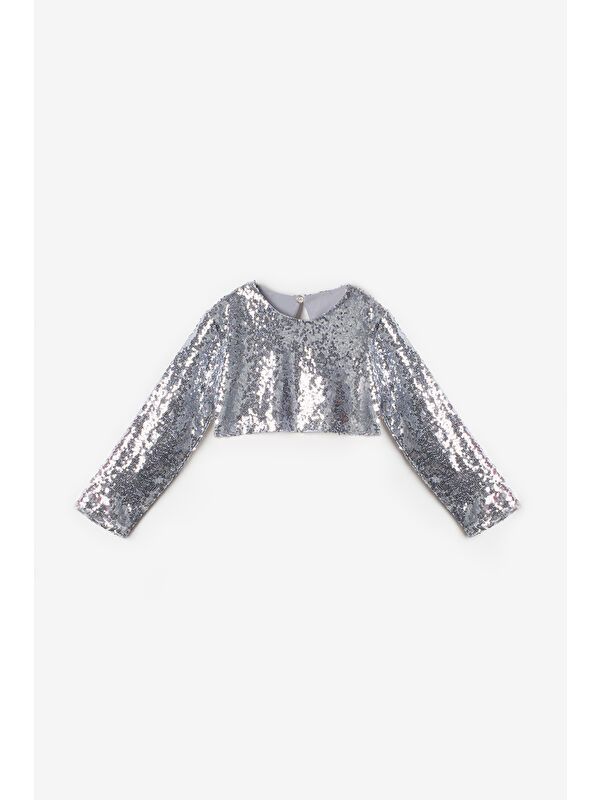 Le Mabelle Gümüş Uzun Kollu Pullu Kız Çocuk Crop Bluz