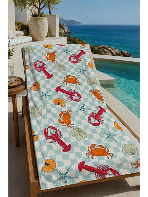Milbay Grup Mint Dama Deniz Ürünleri Istakoz Yengeç Desenli 70x150 cm Dijital Baskılı Plaj ve Banyo Havlusu