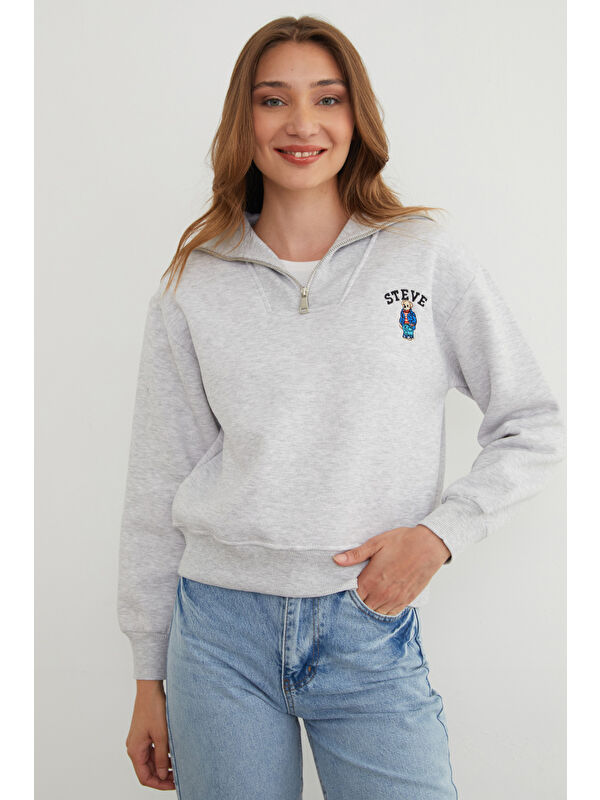 Fullamoda 3 İplik Ayıcık Nakışlı Yarım Fermuarlı Sweatshirt
