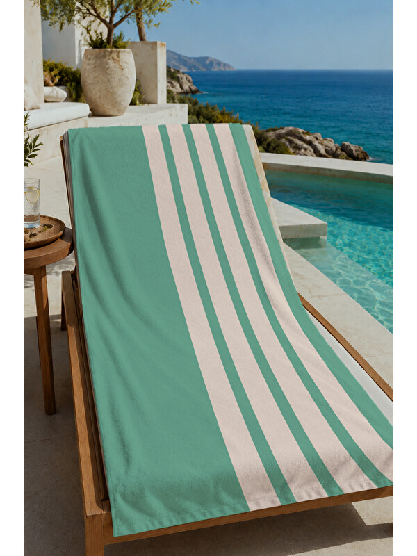 Milbay Grup Mint Krem Kalın Dikey Çizgili 70x150 cm Dijital Baskılı Plaj ve Banyo Havlusu