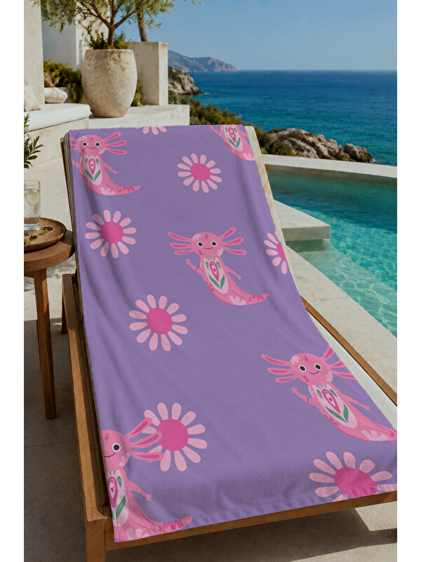 Milbay Grup Lila Pembe Aksolotl ve Papatya Desenli 70x150 cm Dijital Baskılı Plaj ve Banyo Havlusu
