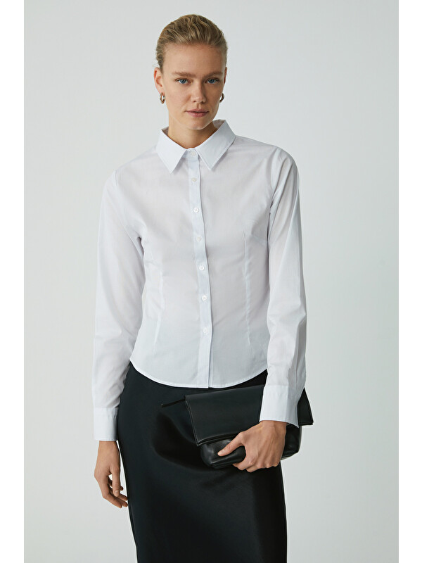 ETHIQUET EVANGELINE Kadın Slim Fit Dar Kesim Elastanlı Cepsiz Uzun Kollu Poplin BEYAZ Gömlek