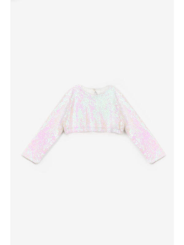 Le Mabelle Beyaz Uzun Kollu Pullu Kız Çocuk Crop Bluz