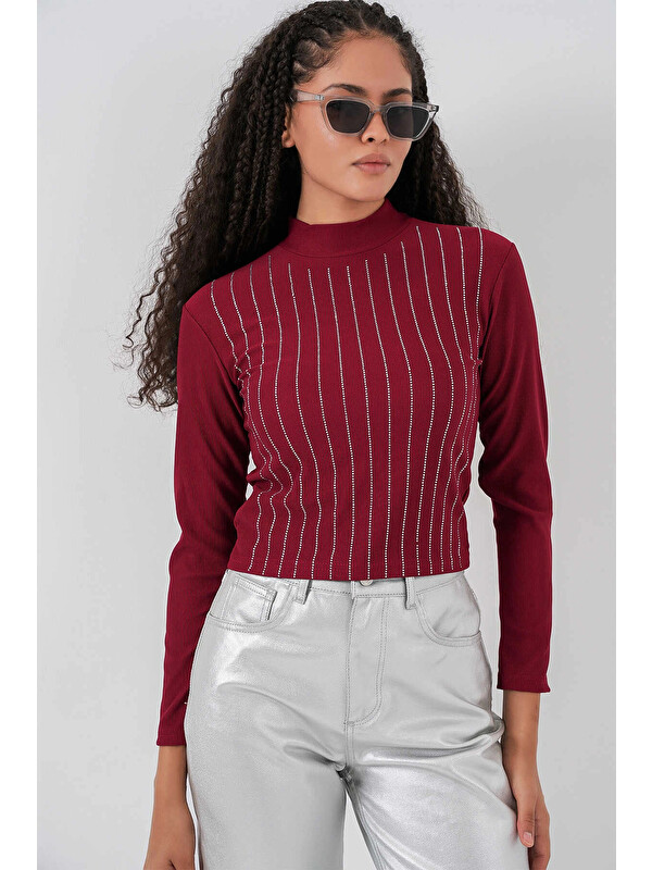 Hazelin Kadın Bordo Yarım Balıkçı Önü Taşlı Body HZL25W-BD19221