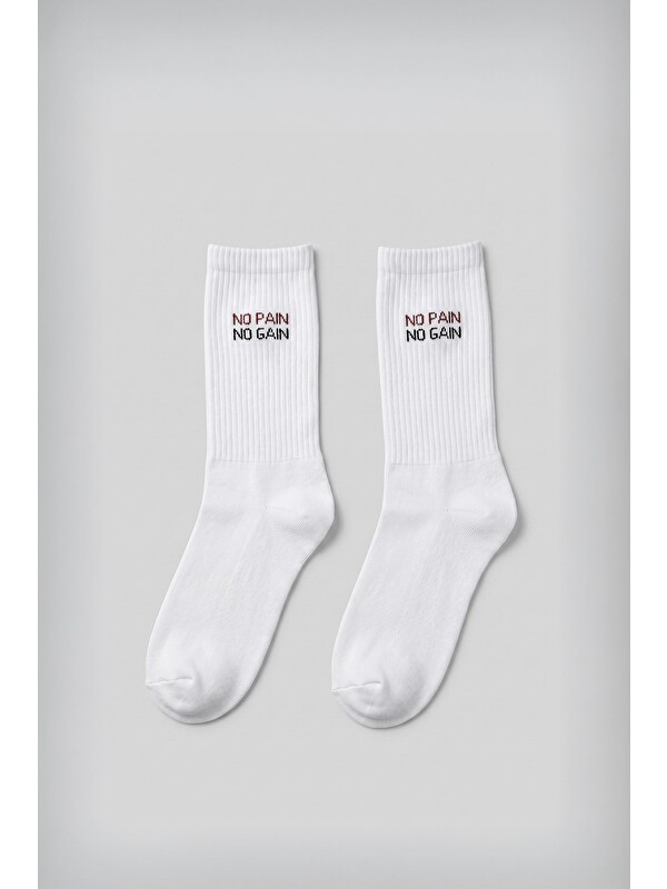 Abluka Online Unisex No Pain No Gain Yazılı Kolej Tenis Çorabı Beyaz