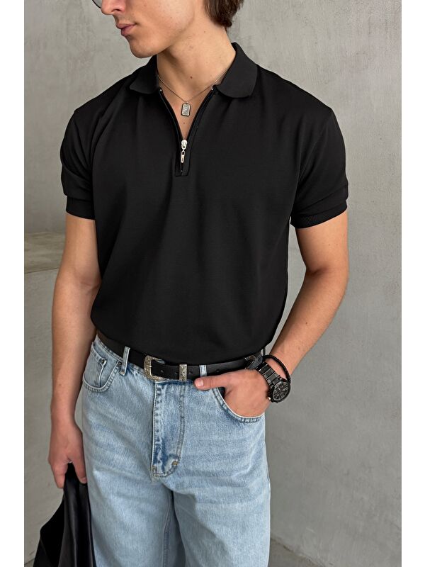 HYMAN Erkek Oversize Fermuarlı Polo Yaka Triko T-Shirt