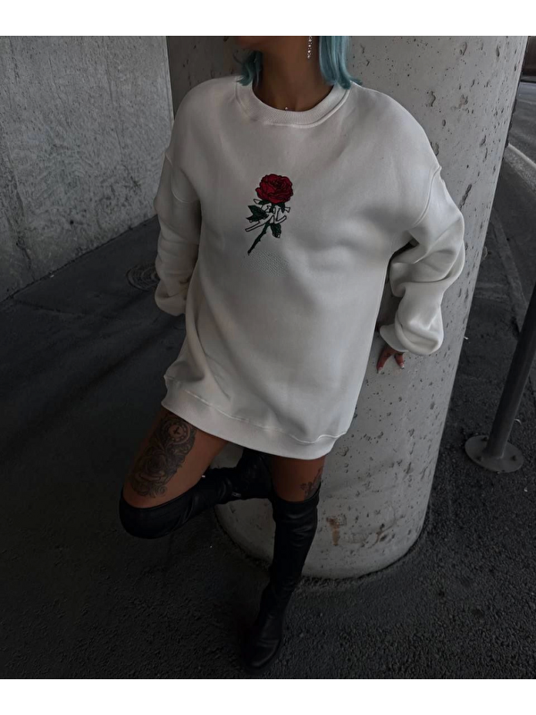 Jane's Oversize Üç İplik Bisiklet Yaka Baskılı SweatShirt - Beyaz