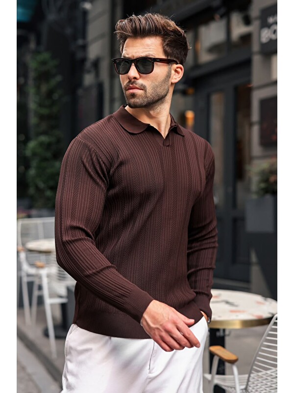 Madmext Kahverengi Polo Yaka Desenli Over Fit Erkek Triko Kazak E7517