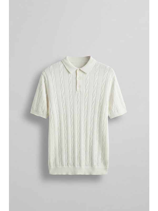 Abluka Online Erkek Regular Fit Saç Örgü Pamuklu Triko Polo Yaka T-Shirt Ekru