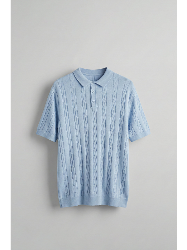 Abluka Online Erkek Regular Fit Saç Örgü Pamuklu Triko Polo Yaka T-Shirt Mavi