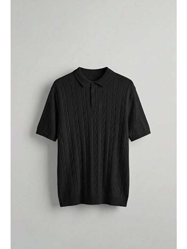 Abluka Online Erkek Regular Fit Saç Örgü Pamuklu Triko Polo Yaka T-Shirt Siyah