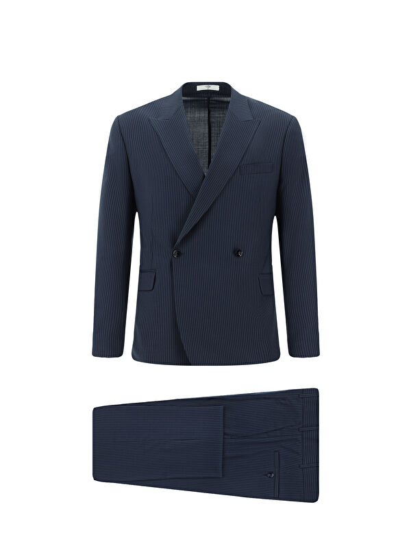 Kiğılı Slim Fit Dar Kesim Yünlü Çizgili Beli Lastikli İpli Kruvaze Takım Elbise