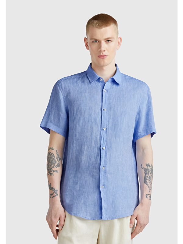 United Colors Of Benetton Erkek Mavi %100 Keten Regular Fit Kısa Kollu Gömlek