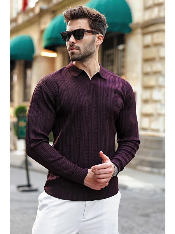 Madmext Mürdüm Polo Yaka Desenli Over Fit Erkek Triko Kazak E7517