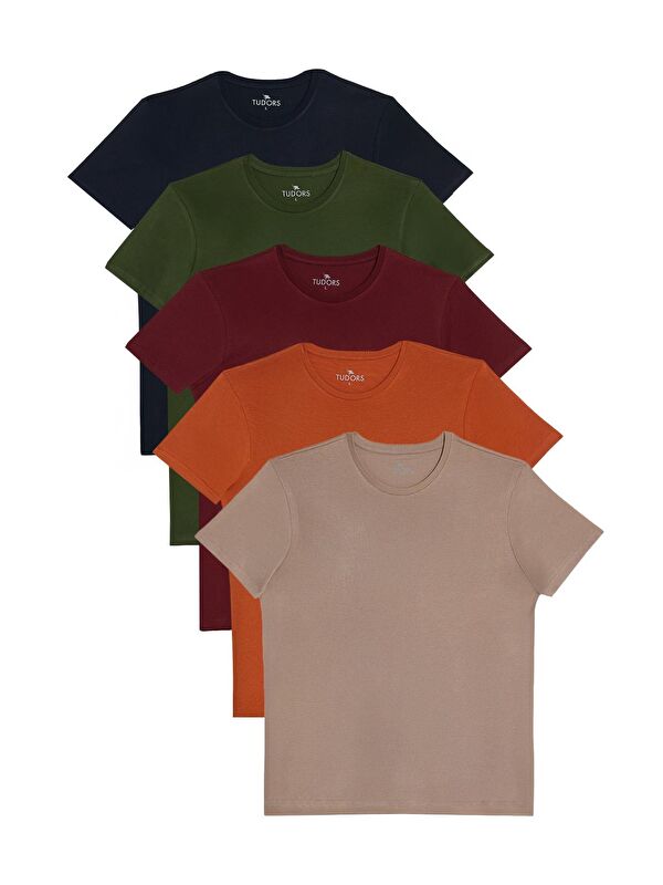 TUDORS Unisex 5Li Paket Lacivert-Haki-Bordo-Tarçın-Vizon Slim Fit Dar Kesim %100 Pamuk Bisiklet Yaka Tişört