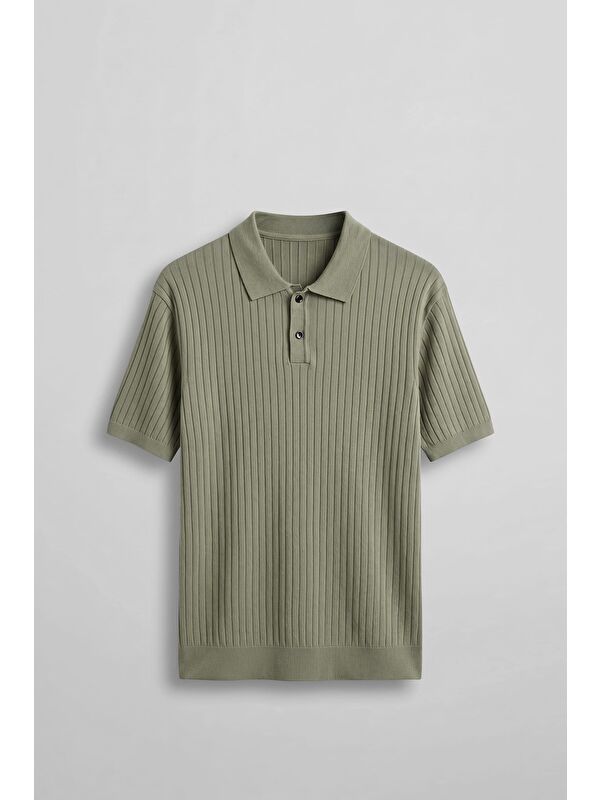 Abluka Online Erkek Relaxed Fit Fitilli Triko Polo Yaka T-Shirt Haki