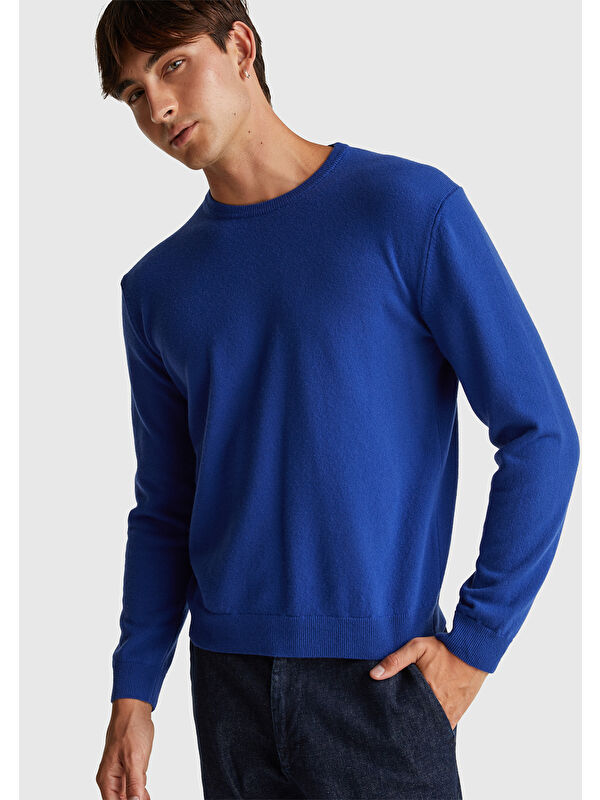 United Colors Of Benetton Erkek Çivit Mavi %100 Merino Bisiklet Yaka Kazak