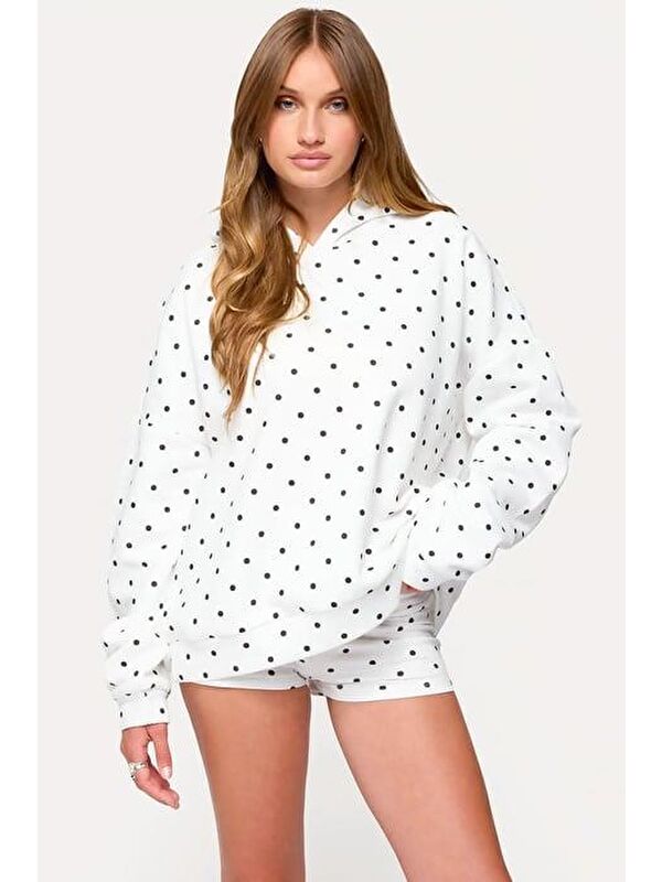 Madmext Beyaz Puantiyeli Kapüşonlu Kadın Sweatshirt Sh279