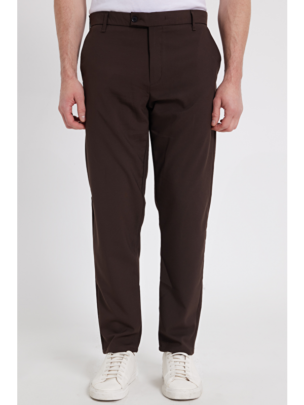 TUDORS Erkek Slim Fit Dar Kesim Esnek Yan Cepli Bilek Boy Canvas Kesim Kahverengi Pantolon