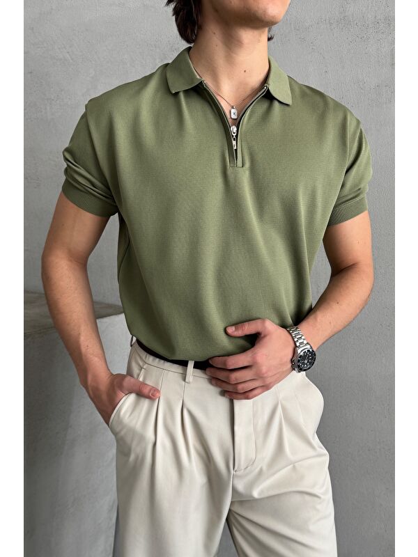 HYMAN Erkek Oversize Fermuarlı Polo Yaka Triko T-Shirt