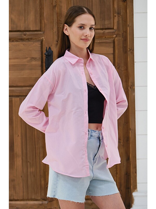 Lavix Kadın Oversize Gömlek Uzun Kollu Düğmeli Salaş Günlük Basic Gömlek