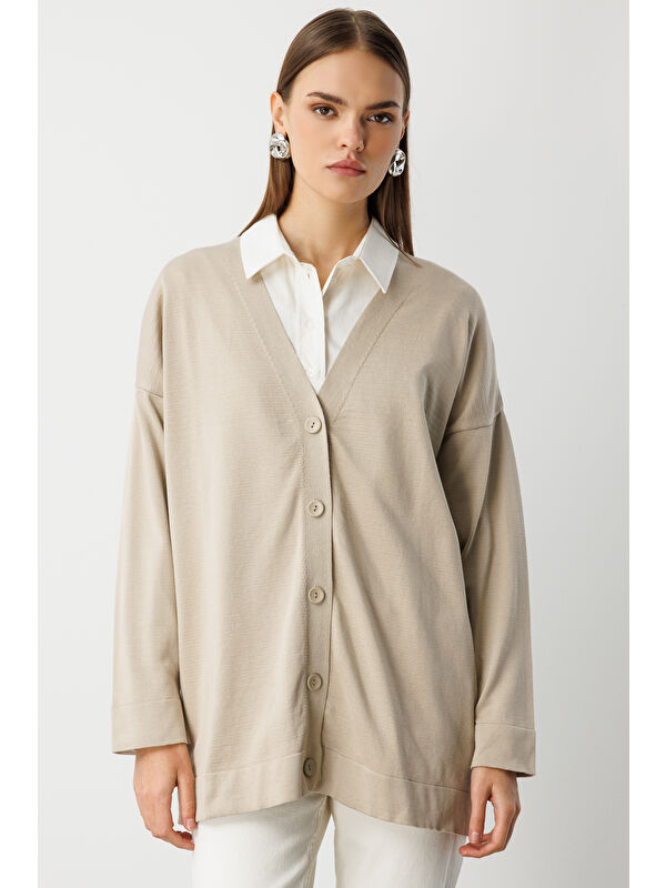 Mizalle Ekstra Oversize Düşük Kol Basic Bej Rengi İnce Triko Hırka
