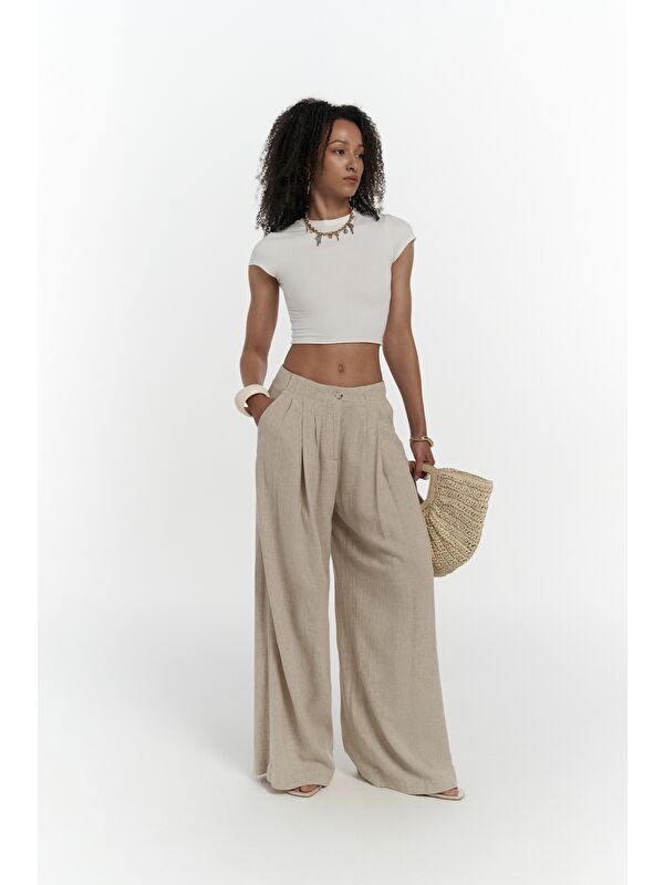 Mai Collection Mahoney Bej Keten Palazzo Pantolon