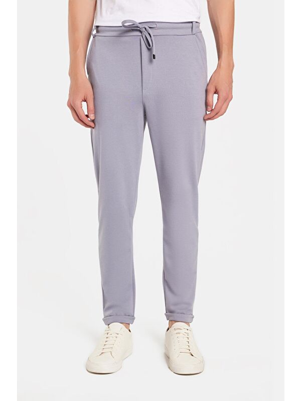 TUDORS Erkek Slim Fit Pamuklu Beli Bağlamalı Yan Cepli Katlamalı Paça Jogger Gri Pantolon