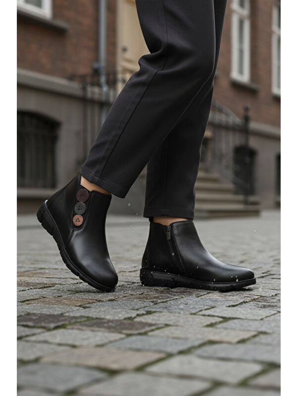Siyah Hakiki Deri Anatomik Kaymaz Taban Kadın Bot Z406 Z - Görsel 4