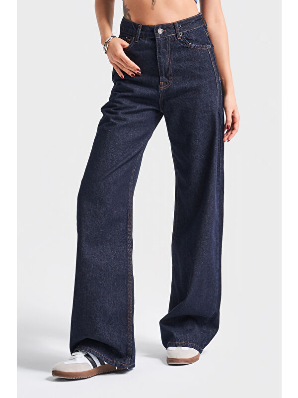It's Basic Kadın Lacivert Su Yıkama Olea 7W4-50 Wide Leg Fit %100 Pamuk Denim Jean